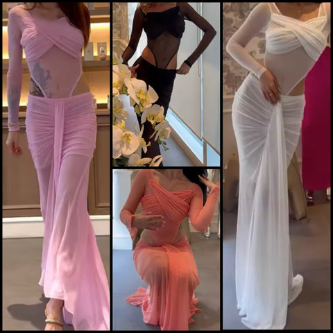 Women Sexy Solid Color Mesh Full Sleeve Bodysuit Two Piece Maxi Skirt Set