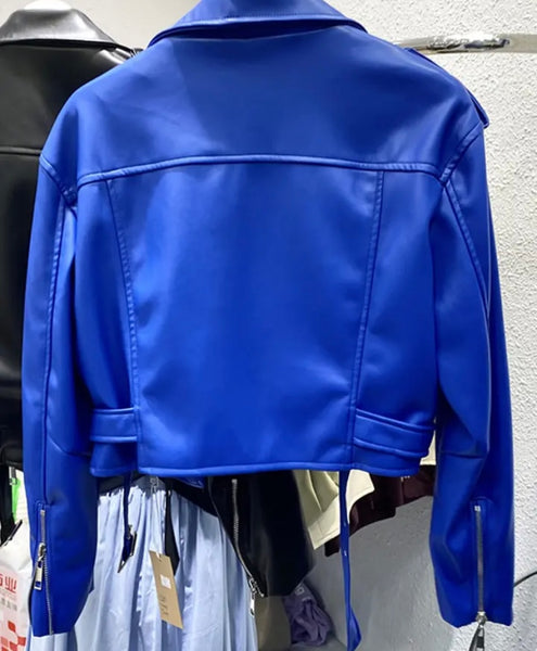 Women Color Fashion Faux Leather Zip Up Jacket