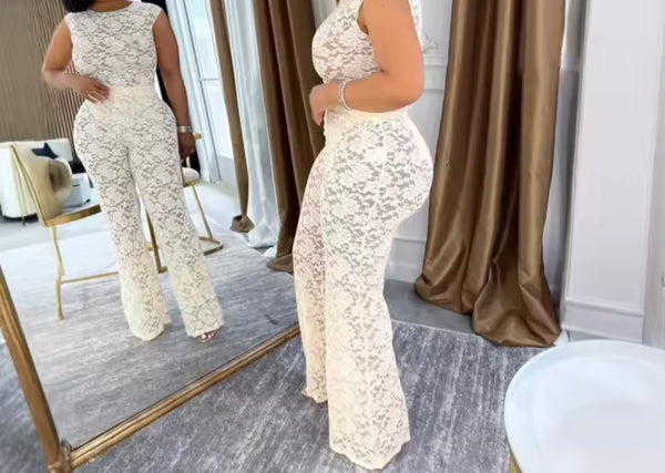 Women Sexy Solid Color Short Sleeve Lace Two Piece Pant Set