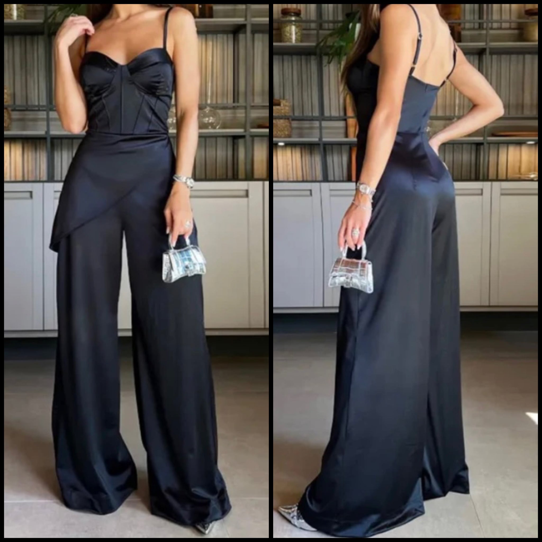 Women Black Sexy Satin Sleeveless Wide Leg Jumpsuit