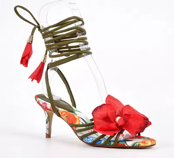 Women Fashion Floral Lace Up High Heel Sandals