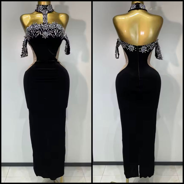 Women Black Rhinestone Velour Sexy Maxi Dress