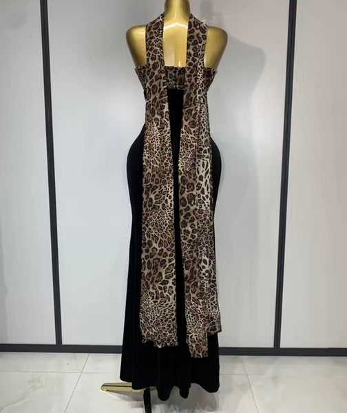 Women Sexy Strapless Black Leopard Patchwork Velvet Maxi Dress