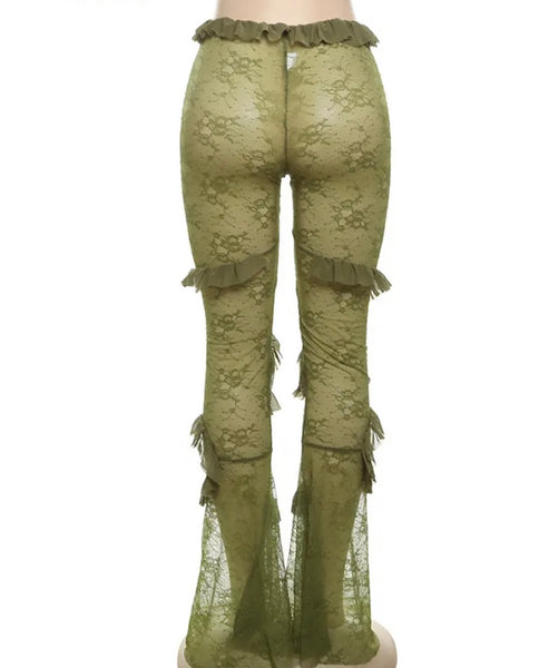 Women Green Sexy Fashion Ruffled Lace Pants