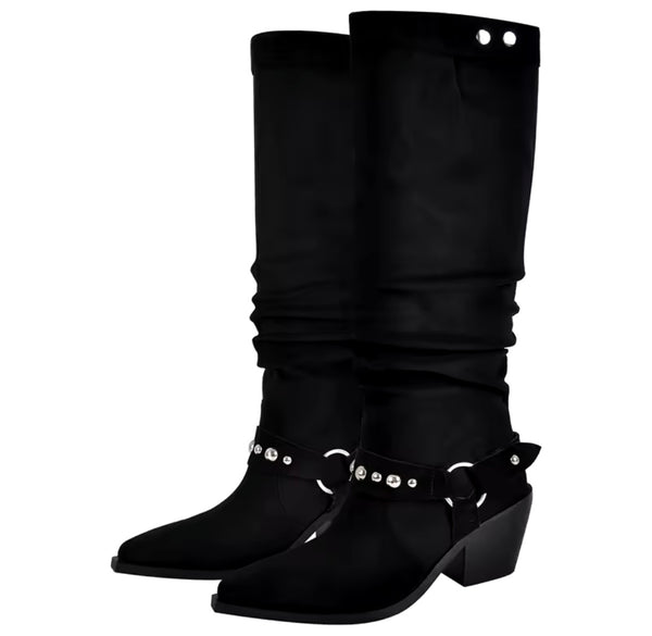 Women Fashion Black Suede Bling Ankle/Knee High Western Boots