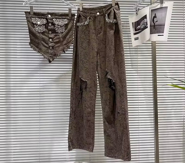 Women Animal Print Rhinestone Strapless Ripped Two Piece Pant Set