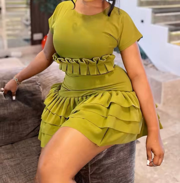 Women Sexy Ruffled Short Sleeve Solid Color Dress