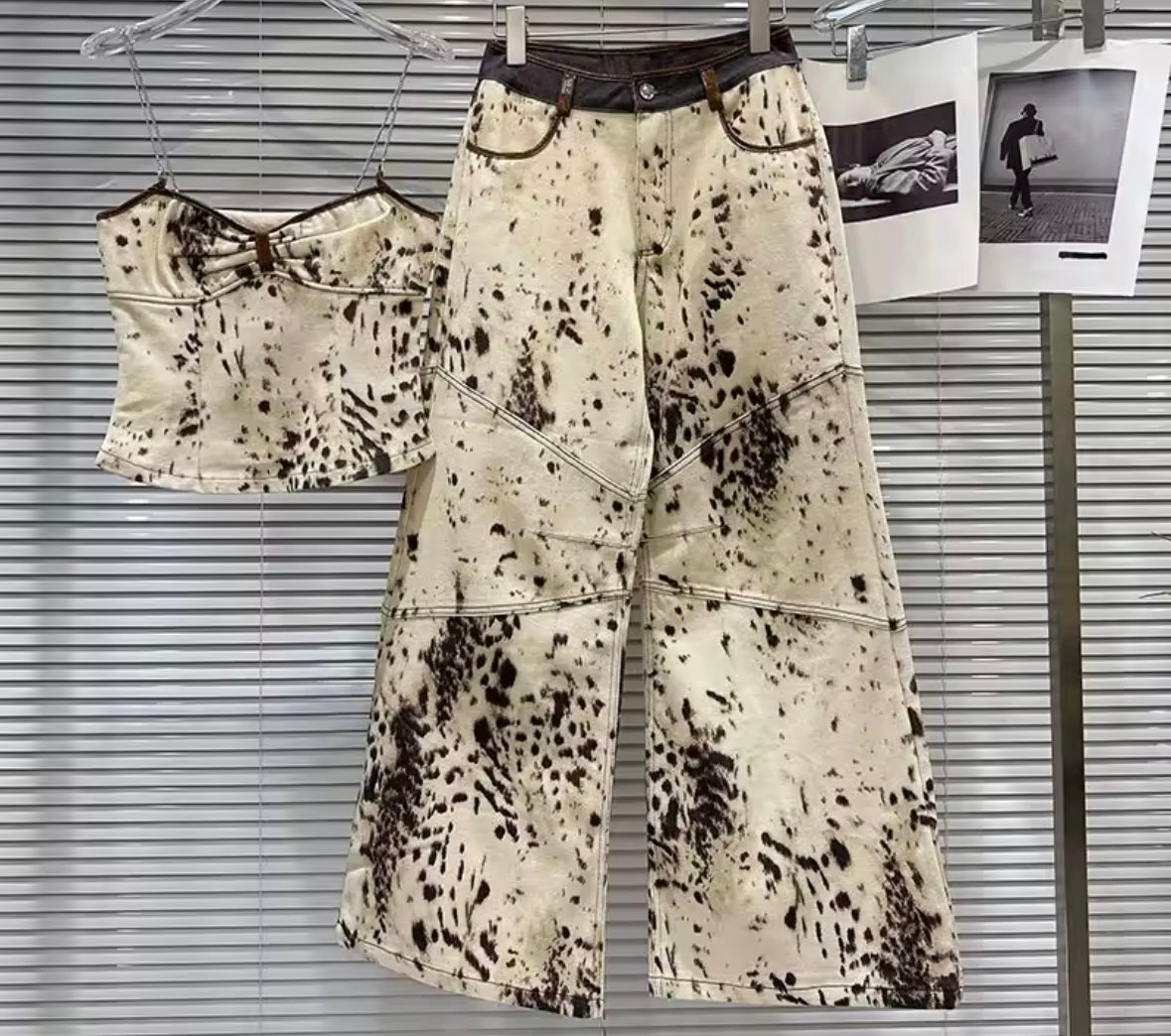 Women Chain Sleeveless Leopard Print Denim Two Piece Pant Set