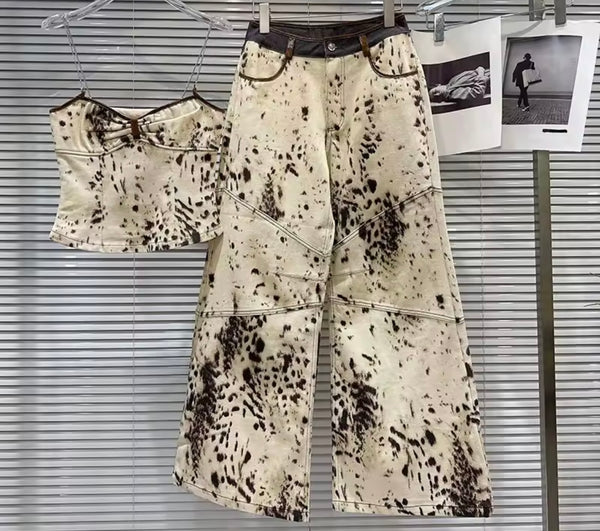 Women Chain Sleeveless Leopard Print Denim Two Piece Pant Set