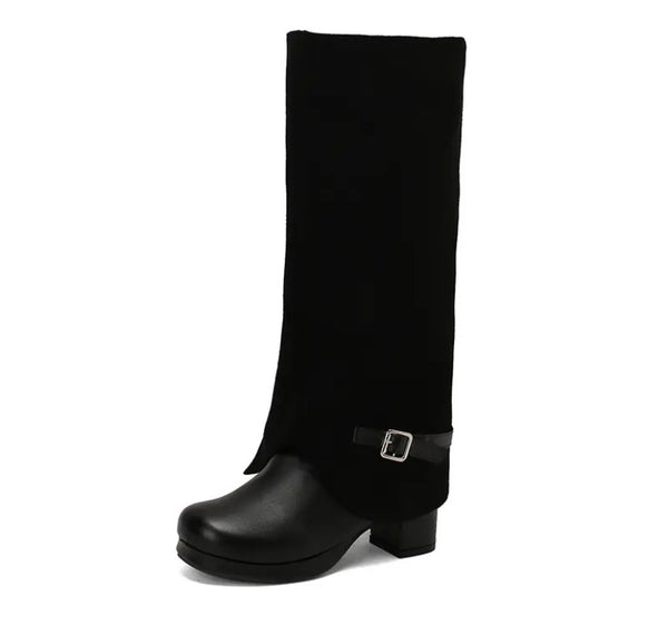 Women Fashion Denim Color Patchwork Buckled Platform Knee High Boots