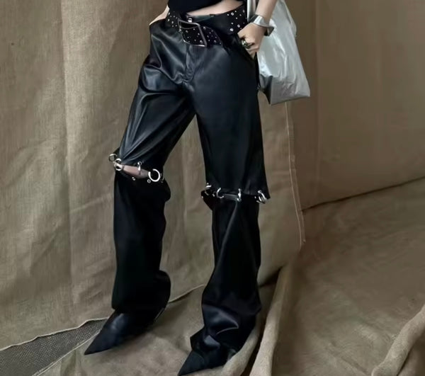 Women Fashion Black Metal Detachable Faux Leather Pants