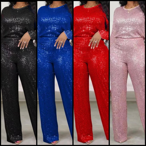 Women Sexy Solid Color Sequins Full Sleeve Two Piece Pant Set