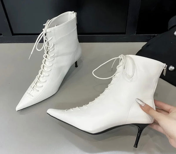 Women Fashion Pointed Toe Lace Up Ankle Boots