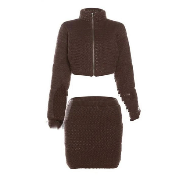 Women Brown Zip Up Puff Jacket Fashion Two Piece Skirt Set