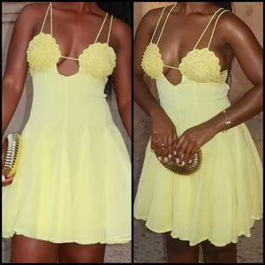 Women Sexy Yellow Sleeveless Ruffled Dress