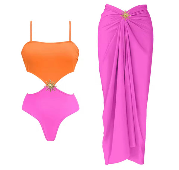Women Sexy Color Patchwork Cut Out Swimsuit Cover Up Set