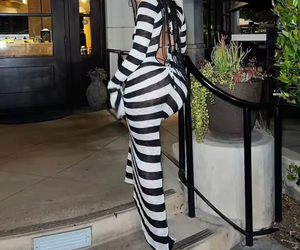 Women Sexy B&W Ribbed Full Sleeve See Through Maxi Dress