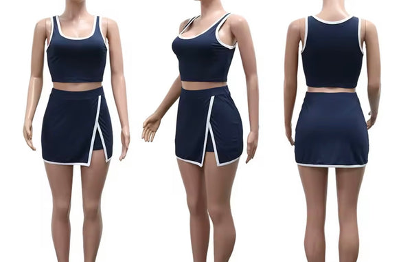Women Two Piece Sleeveless Color Patchwork Skirt Set