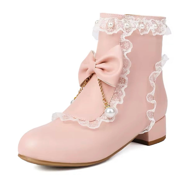 Women Fashion Pearl Color Patchwork Ruffled Bow Flat Ankle Boots