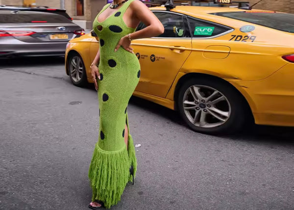 Women Sexy Sleeveless Green Polka Dot Knitted Fringe Maxi Dress