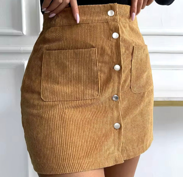 Women Color Button Up Corduroy Fashion Skirt
