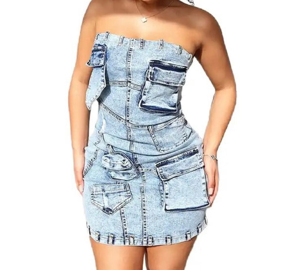 Women Sexy Fashion Strapless Denim Pocket Dress