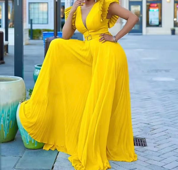 Women Color Short Sleeve Sexy Pleated Jumpsuit