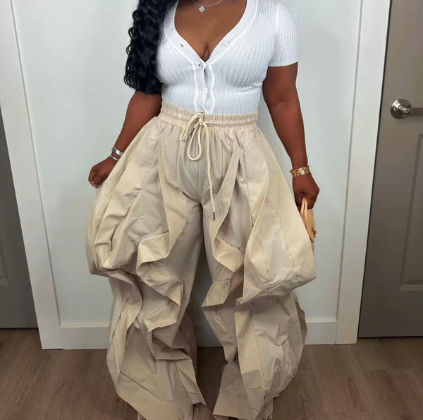 Women Color Fashion Ruffled Drawstring Pants