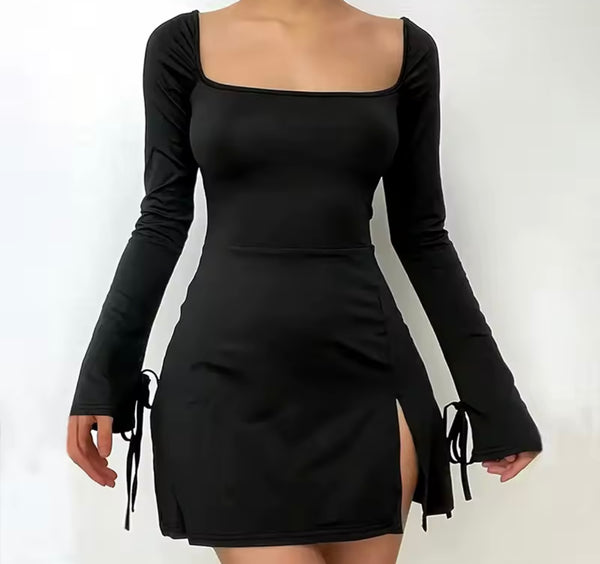 Women Sexy Solid Color Tie Up Full Sleeve Side Split Dress