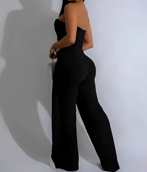 Women Sexy Strapless B&W Striped Button Jumpsuit