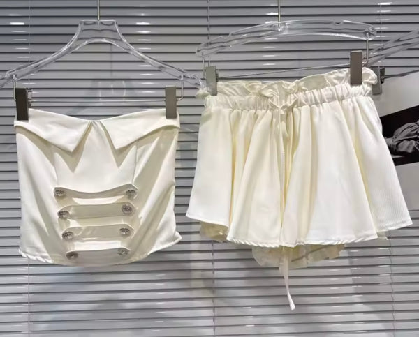Women Button Strapless Fashion Two Piece Short Set