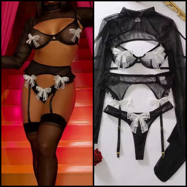 Women Sexy Black Bow Mesh Lingerie Set