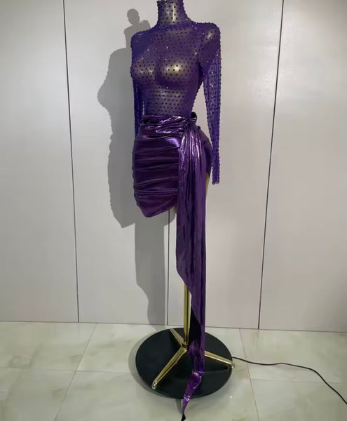 Women Sexy Purple Open Back Full Sleeve Rhinestone Dress