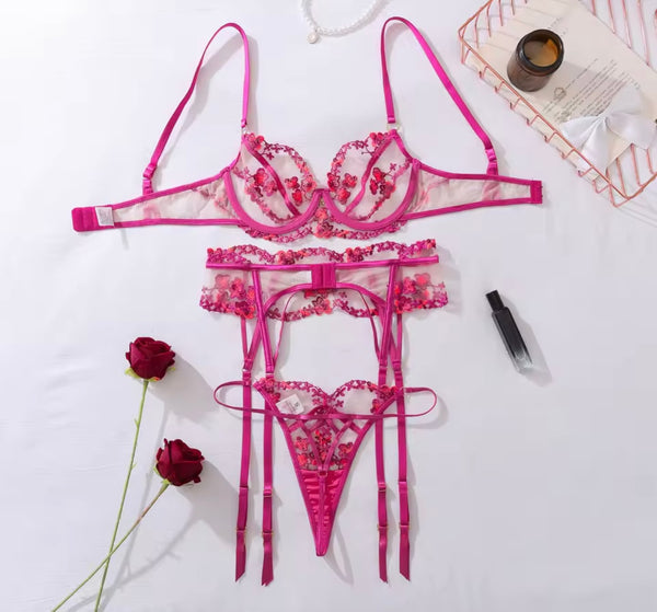 Women Sexy Pink Floral Print Mesh Lingerie Set
