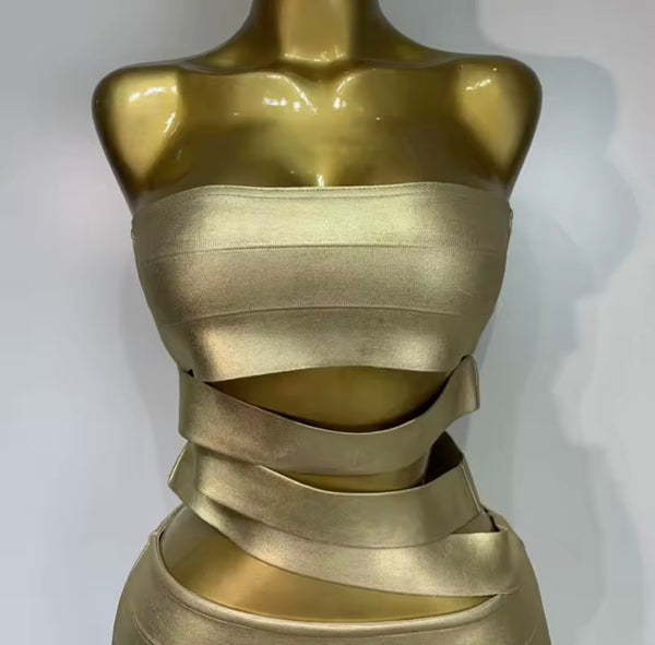 Women Gold Sexy Strapless Faux Leather Cut Out Bandage Dress