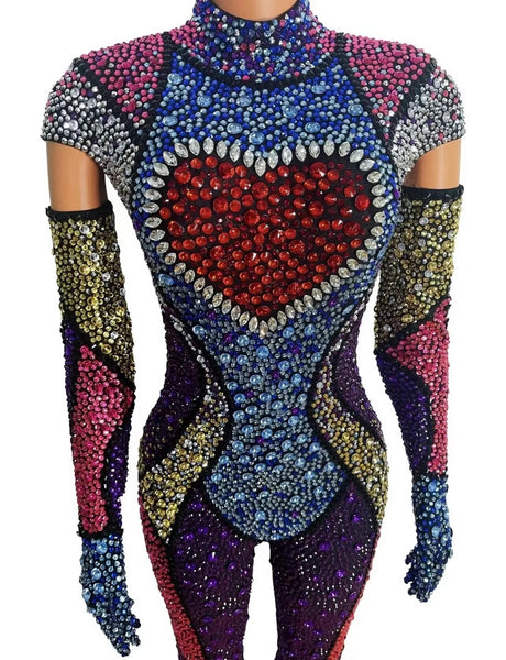 Women Multicolored Crystal Glove Fashion Jumpsuit