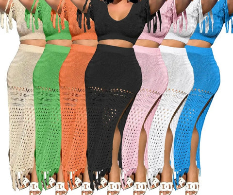 Women Sexy Short Sleeve Knitted Solid Color Two Piece Maxi Skirt Set