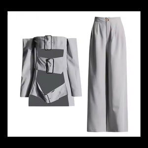 Women Gray Pinstriped Off The Shoulder Buckled Two Piece Pant Set