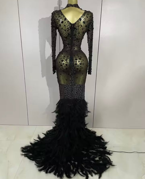 Women Sexy Color Crystal Feather Full Sleeve Mesh Maxi Dress