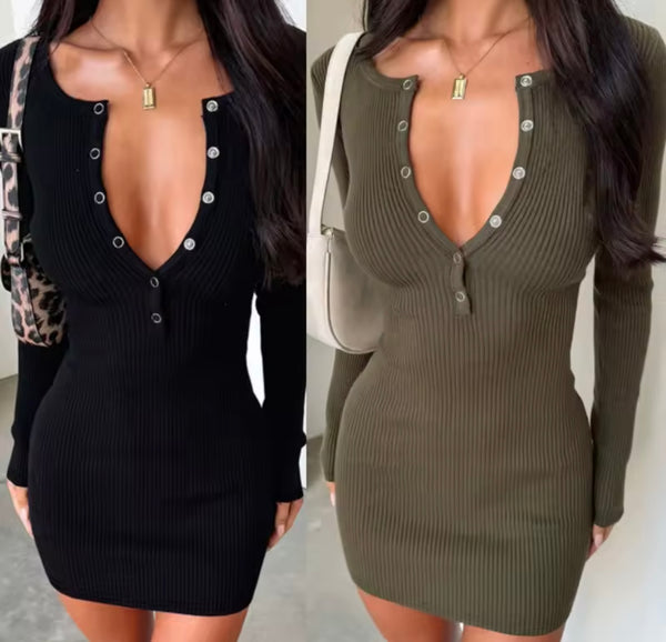 Women Sexy Ribbed Button Up Full Sleeve Dress