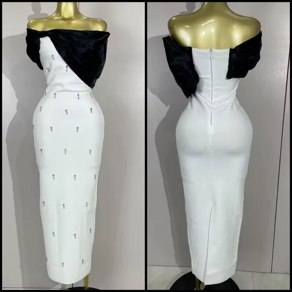 Women Sexy B&W Off The Shoulder Rhinestone Maxi Dress