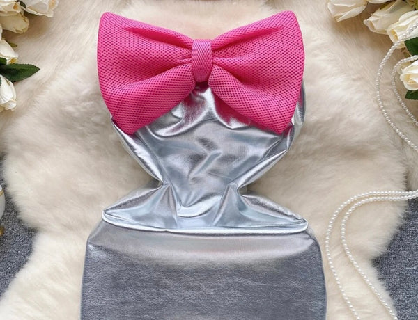 Women Sexy Strapless Silver Pink Bow PU Dress