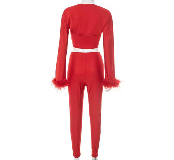Women Sexy Red Feather Full Sleeve Three Piece Pant Set