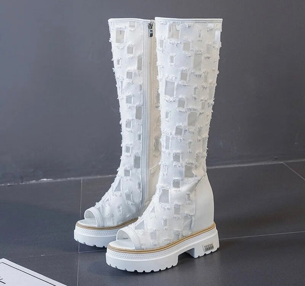 Women Open Toe Mesh Patchwork Fashion Platform Knee High Boots