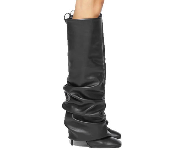 Women Fashion Faux Leather Black Ruched Knee High Boots