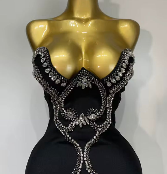 Women Sexy Strapless Crystal Rhinestone Black Maxi Dress