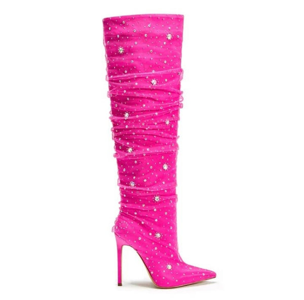 Women Pink Bling Rhinestone Fashion Knee High Boots