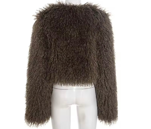 Women Brown Fashion Faux Fur Jacket Two Piece PU Short Set