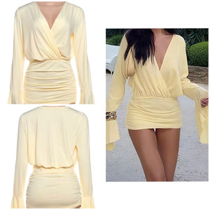 Women Yellow Sexy Full Flare Sleeve Ruched Dress