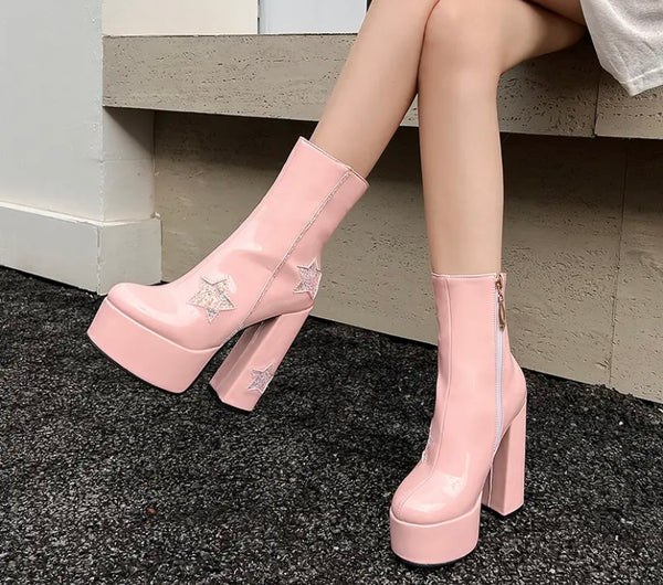 Women Fashion Star Patent Leather Platform High Heel Ankle Boots
